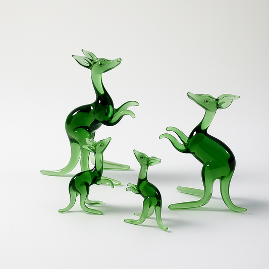 Verdant Voyagers | Green Glass Kangaroo Family